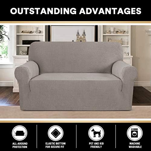 PrinceDeco Stretch Loveseat Sofa Cover Slipcover Couch Cover for 2 Cushion Sofa Washable Sofa Cover for Pets Friendly Furniture Protector Covers with Non Slip Bottom(Loveseat, Taupe)
