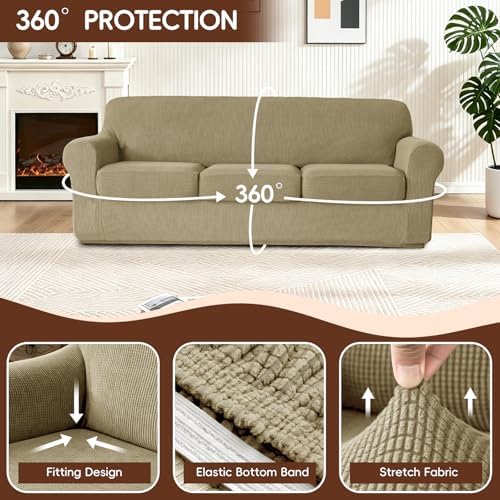 4 Pieces Stretch Couch Covers for 3 Cushion Sofa Cover Decorative Sofa Slipcover Non Slip Washable Thick Soft Elastic Furniture Protector for Pets,(Large, Sand)