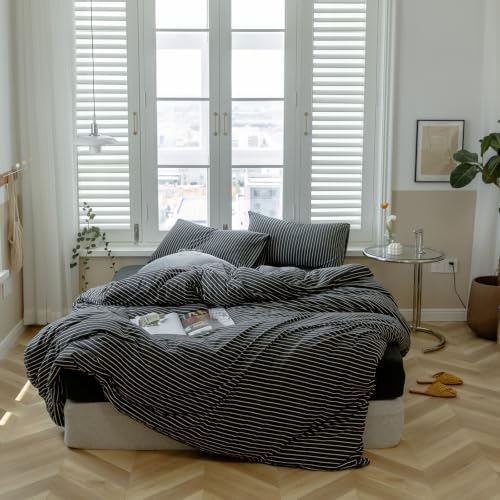 AOJIM Soft Jersey Knit Duvet Cover Full 3 Piece Black-White Striped Bedding