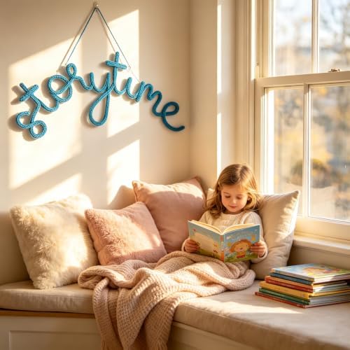 Handmade Storytime Wall Sign Knitted Wire Storytime Sign Reading Corner Sign Wall Decor Story Time Wall Sign Wire Letters Book Corner Decor for Nursery Room & Playroom (Blue S)