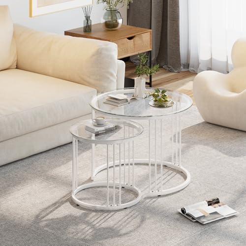 Garden 4 you Nesting Coffee Table, 23.6" Round Coffee Table Set of 2, Glass Nesting Table with Metal Frame, Ceter Tables for Living Room Bedroom Balcony, White