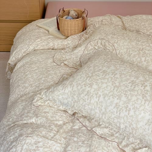 AOJIM Floral Print Kids Duvet Cover Twin Size, 3-Piece Super Soft 2-Layer Gauze Muslin Cotton Ruffled Bedding Set - Vintage Zipper Comforter Cover & 2 Pillowcases, Forest Themed Patterns, Easy Care