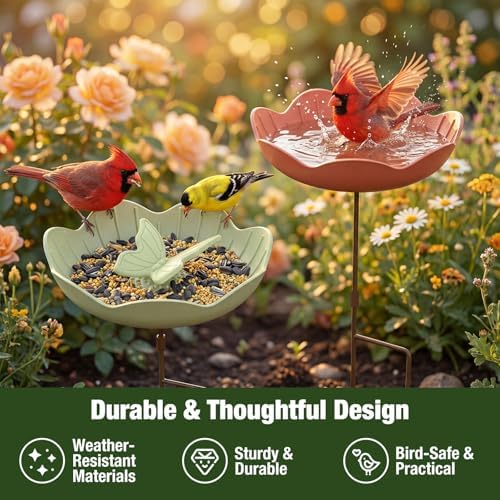 Kinsgyard 2 Pack Free Standing Tray Bird Feeders with Adjustable Pole, Wild Bird Bath for Outdoor Garden Yard Decor, Large Seed Capacity, Easy to Clean and Refill, Red & Green