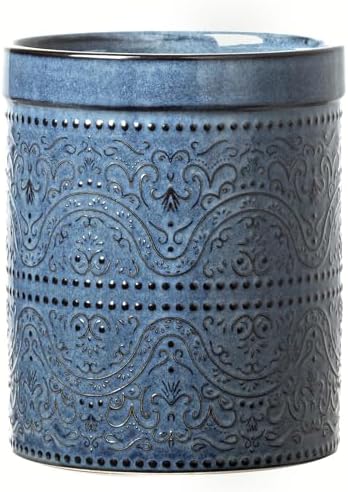 Kitchen Utensil Holder, 7 Inches Large Ceramic Utensil Holder for Countertop, Lace Emboss Cooking Utensil Crocks for Kitchen, Home Decor, Reactive Blue