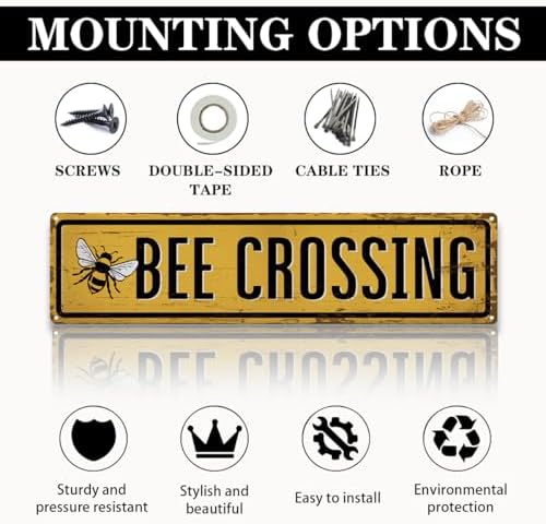 Rustic Farmhouse Metal Tin Sign, Bee Crossing Sign, Vintage Animal Road Signs for Porch, Yard, and Farmhouse, Animal Crossing Warning Signs, Perfect for Garden and Road, 15.7 x 3.9 inches
