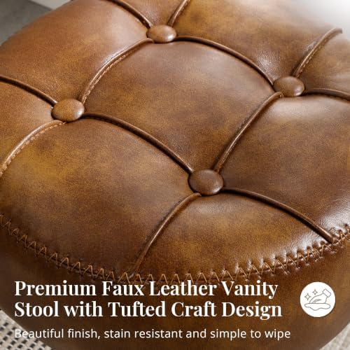 LUE BONA Adjustable Vanity Stool, 360°Swivel Vanity Chair for Makeup Room, Brown Stool Chair for Vanity, Small Faux Leather Vanity Stools for Bathroom, Living Room