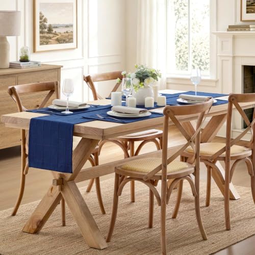 ZeeMart Linen Checked Farmhouse Table Runner, 13x60 Inches Navy Blue