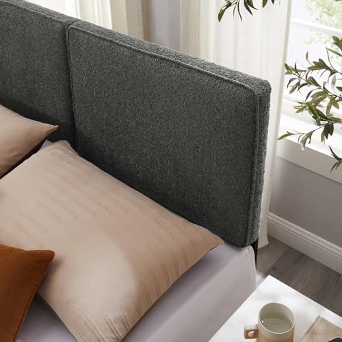Modway Lindee Queen Size Upholstered Headboard with Slate Boucle Fabric - Modern Fabric Queen Headboard with Height-Adjustable Mounting Positions - Padded Pillow Style