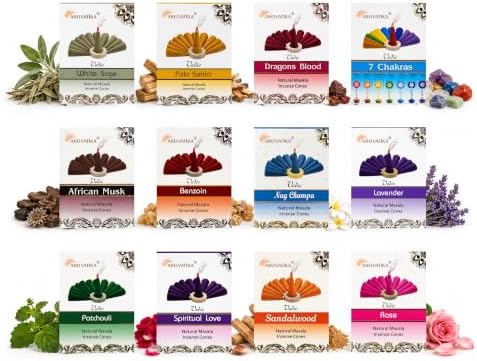 ARO VATIKA Vedic Natural Incense Cones Variety Pack of 120, 12 Flavored Premium Non-Toxic Dhoop Cones for Meditation, Yoga, Spiritual Healing, Relaxation & Home Fragrance, Burn Time 25 Mins
