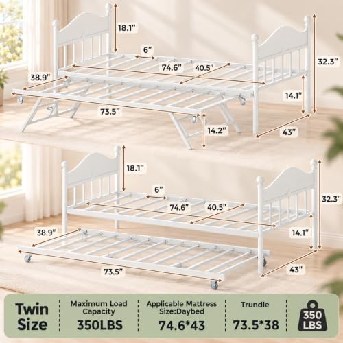 IDEALHOUSE Twin Daybed with Trundle, Foldable Pop Up Metal Twin Bed Frame