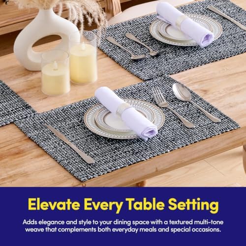 Sweet Home Collection 100% Cotton Placemats for Dining Room Rectangle Two Tone Woven Fabric 13" x 19" Soft Durable Table Mat Set, Set of 6, Black