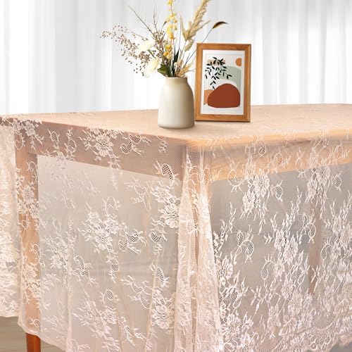 Fowecelt 5 Pcs Ivory Lace Tablecloth 60 X120 Inches Vintage Tablecloth Sheer Overlay Rectangle Floral Embroidered Lace Table Cloths for Rustic Boho Wedding Bridal Shower Party Reception Decoration