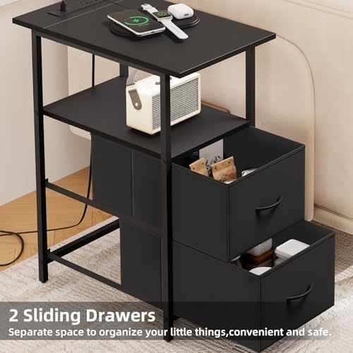 Somdot End Table Set of 2 with Charging Station, 2 Drawers, Slim Side Table
