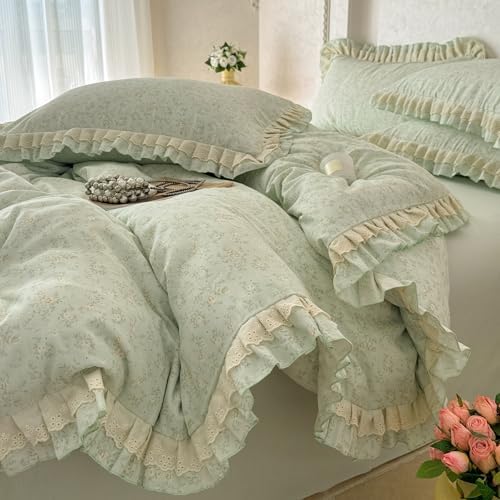 Floral Duvet Cover Set Muslin Cotton Queen(90"x90"),Sage Green