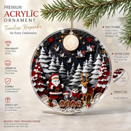 Santa Christmas Tree Ornament 2026 Capturing the Charm of a Paper Quilling–Inspired Woodland Winter Scene, Acrylic Holiday Keepsake for Scandinavian Christmas Decor