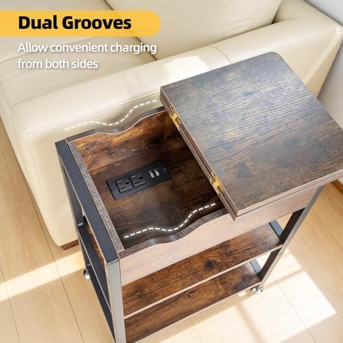 Flip Top End Table with Charging Station Set of 2, 12" D x 21" W x 26" H