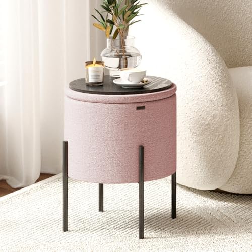 Round Ottoman with Storage, Boucle Storage Ottoman, Foot Stool Ottoman, Makeup Vanity Stool, Small Ottomans Foot Rest, Modern Ottomans for Living Room and Bedroom, Pink