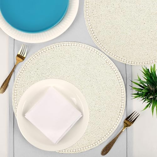 ALPHA Living HOME Beaded Placemats Set of 2 Ivory Round Handmade Table Mats