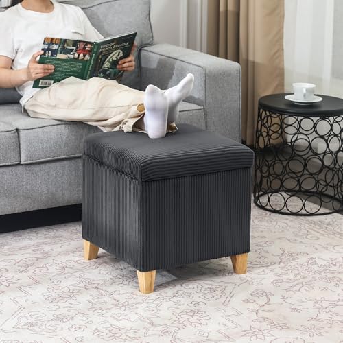 Adeco Faux Fur Storage Ottoman Cube, 18" High Fluffy Grey Foot Stool with Hinged Lid, Upholstered Small Bench for Living Room Bedroom, Solid Wood Legs