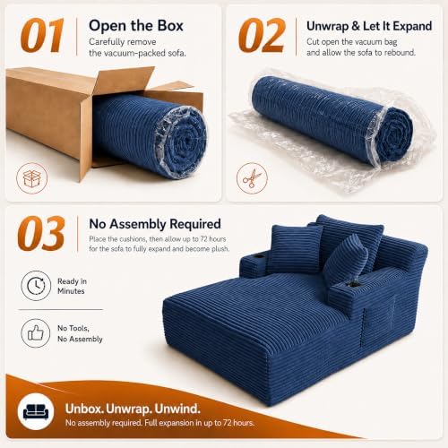 66" Chaise Lounge Chair Indoor, Corduroy Upholstered Reading Chair Oversized Boneless Chair with Deep Seat, Cloud Lounge Chair with 3 Pillows for Living Room, Bedroom, No Assembly Required