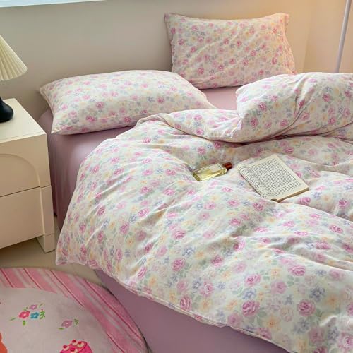 Floral Twin Bed Duvet Cover Boho Pattern Comforter Cover Twin Cotton Double Gauze Cottage Zipper Duvet Cover Set with 2 Pillowcases Flower Farmhouse Bedding Set for Girls Duvet Protector