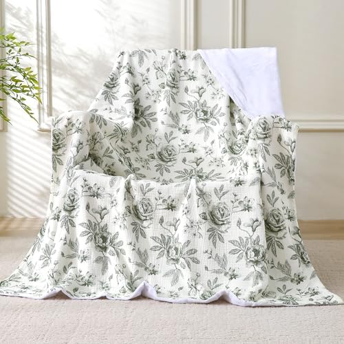 Muslin Blankets for Adults Reversible Throw Fleece & Gauze, Soft Cozy Lightweight Breathable Green Floral Blanket for Bed Couch, Double Layer Muslin Throw Cover 90"x90"
