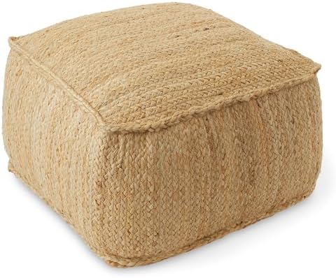 Casafield Braided Jute Pouf, Large Square Pouf Ottoman, 22" W x 22" D x 14" H Woven Jute Footrest, Decorative Indoor Boho Home Accent for Living Room