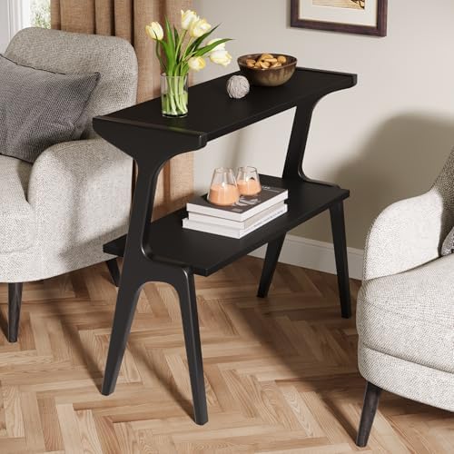 Tribesigns 2-Tier Solid Wood Side Table, Modern Black End Table with Storage Shelves, Tall Slim Side Table for Couch with Unique Legs, Long Bedside Table for Bedroom, Living Room