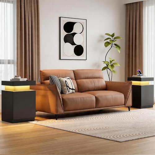 Nightstand with Charging Station and LED Lights, 17.7 Inches LED Night Stand with Sliding Top Storage, Adjustable Shelf, Bedside Table, Modern End Table for Bedroom, Single, Black