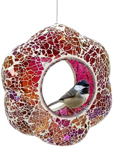 Sunnydaze Mosaic Glass Bird Feeder for Outdoors, Pearl Pink Flower