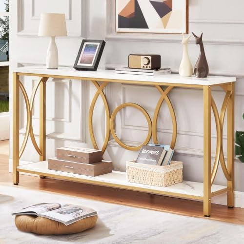 Entryway Narrow Console Table, 55 Inch Long Gold Sofa Table, White Marble