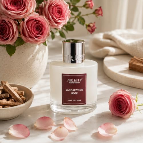 Airkeep Reed Diffuser Set,3.38 fl oz (100 ml) - Sandalwood Rose Oil Diffusers with 8 Reed Sticks,Home Fragrance Reed Diffuser for Bathroom Shelf Decor