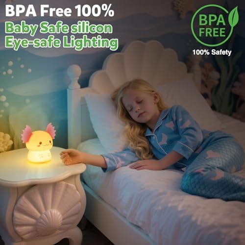 Axolotl Night Light for Kids, Rechargeable Bedroom Bedside Lamp, Night Lamp for Kids Room, Dimmable Nursery Night Light,Girls Boys Room Decor 3 Level Brightness,Animal NightLight for Baby and Toddler