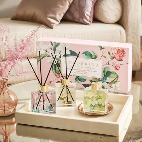 COCORRÍNA Reed Diffuser Set of 3-3 Pack/ 3.04 Fl.oz Diffuser with 24 Sticks Pink Rose/Gardenia/Jasmine & Mint, Reed Diffuser for Home Bathroom Office Decor