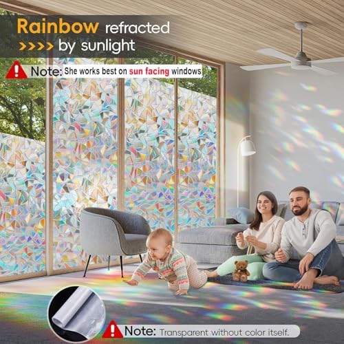 Rainbow Window Privacy Film Decorative, Stained Glass Window Tint for Home, 3D Decals Window Clings for Glass Windows, Static Cling Window Sticker, Suncatcher Window Cover, 35.4 Inch x 157.4 Inch
