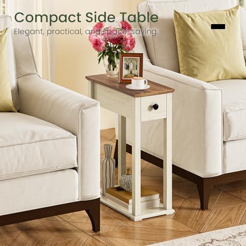 CHOEZON Farmhouse End Table, 2-Tier Narrow Side Table with Drawer, Wooden Nightstand, for Small Space, Living Room, Bedroom