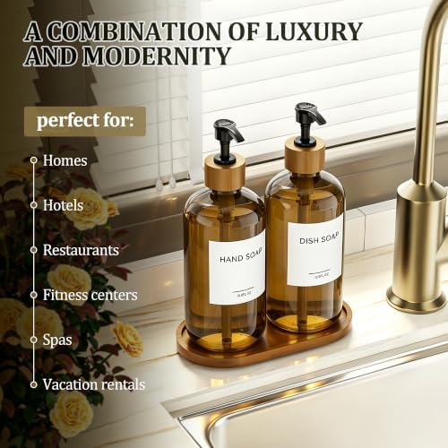 MASADI Amber Soap Dispenser Set with Tray, Dish and Hand soap Lotion Dispenser Set with Wooden Pump for Kitchen and Bathroom Decor for Counter, Modern Vintage Liquid Soap Dispensers