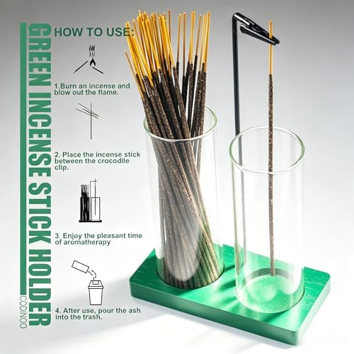 2 in 1 Incense Holder for Sticks Incense Burner Holder with Storage,Glass Upside Down Incense Holder for Sticks with Glass Ash Catcher for Meditation Yoga Spa Room Home Decor[2 Long Green]