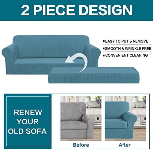 Turquoize Stretch Sofa Slipcover 2 Pieces Sofa Cover Couch Cover for 3 Cushion Couch Washable Furniture Protector Covers with Elastic Bottom Feature Thick Jacquard Fabric (Sofa, Storm Blue)