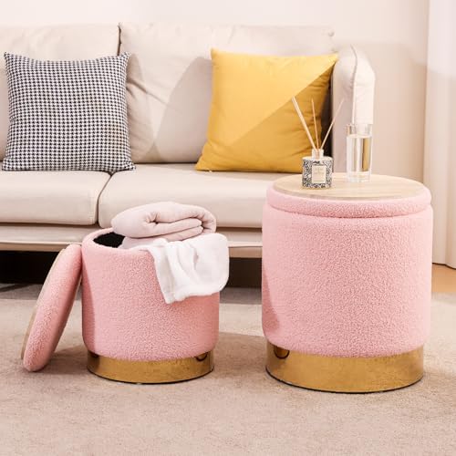Round Ottoman with Storage Set of 2 Pink Sherpa Vanity Stool