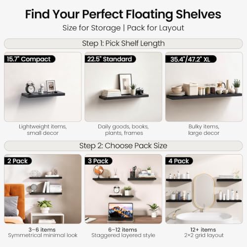 BAYKA Black Floating Shelves 22.5in, Set of 2, Wall Mounted for Wall Decor