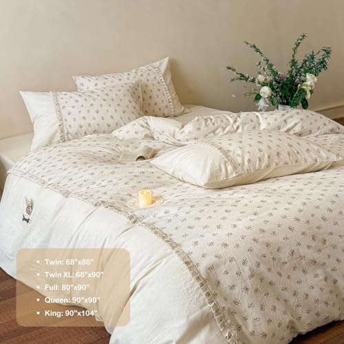 Shabby Chic Cotton Linen Duvet Cover Set 3 Pcs,68"×86" Twin Bedding
