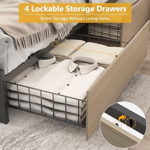 Lifezone Queen Bed Frame with 2-Tier Storage Headboard, Metal Platform Bed Frame with 4 Storage Drawers, Built in Charging Station & LED, Noise-Free/Metal Support/No Box Spring Needed, Beige