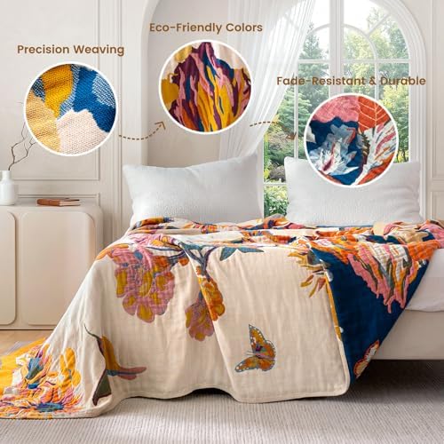 MSGKV 100% Cotton Throw Blanket for Bed Couch Fall 90''x 98'' Super Soft Muslin Blankets Warm Boho Quilt Lightweight Farmhouse Decorative Bed Blankets