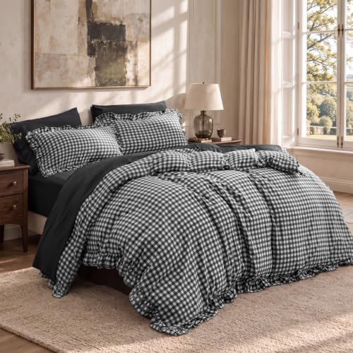 Bedsure Gingham Ruffle Duvet Cover Set, Queen, Cotton-Like Bedding, Black