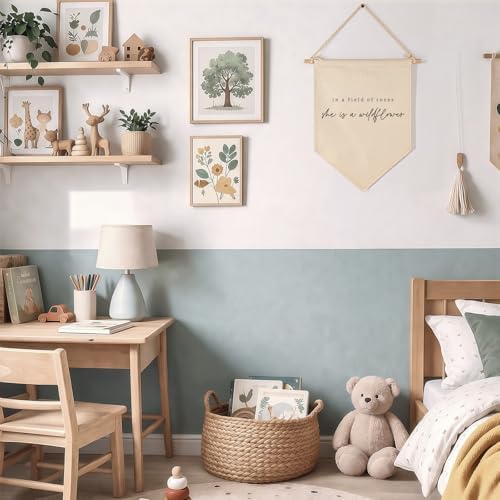 In a Field of Roses She is a Wildflower-Wall Decor Gift for Baby Girls Kids-Canvas Hanging Banner Pennant Wall Decor Gift for Nursery Baby Room Playroom Homeschool Reading Room Bedroom