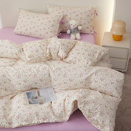 HighBuy College Girl Duvet Cover Set Twin XL,100% Cotton Comforter Cover Soft Durable with Lilac Floral Print,Vintage Bedding Set Chic Cottagecore with 2 Bowknot Bow Tie Pillowcases