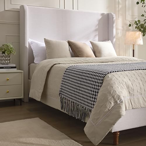 54" Tall Headboard California King Upholstered Platform Bed Frame with Wingback, Modern Tufted Fabric Bed with Solid Wood Legs, No Box Spring Needed, Textured Ivory Canvas