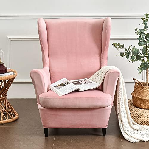 Wing Chair Slipcovers, 2 Piece Stretch Wingback Chair Cover Soft Velvet Armchair Covers with Elastic Bottom for Living Room Bedroom (Pink)