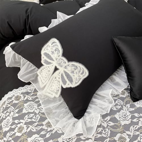 MOOWOO Chic Ruffle Lace Twin Duvet Cover Set-Bow Duvet Cover with Butterfly Tie-2 Piece Comforter Duvet Cover with Zipper Closure,Coquette Room Decor-Black,Full Size